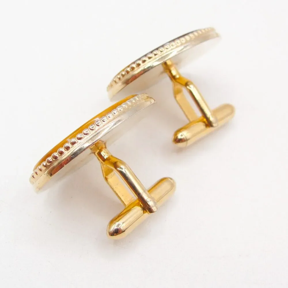 Vintage Brown Tiger Eye Cufflinks Gold Tone Oval Beaded Edge MCM Estate Jewelry